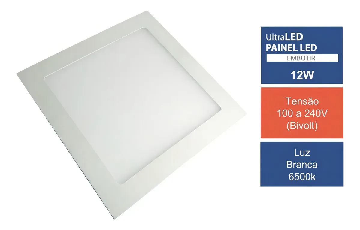 Painel Led de Embutir Quadrado 17x17 12W Branco - Ultra Luz